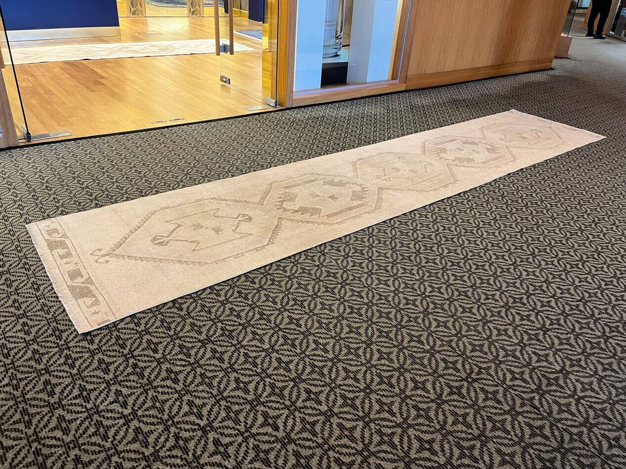 Vintage Handmade Muted Beige and Brown Long Hallway Runner