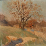 Oil on panel by Félix Labbé XXth riverside ceruse frame