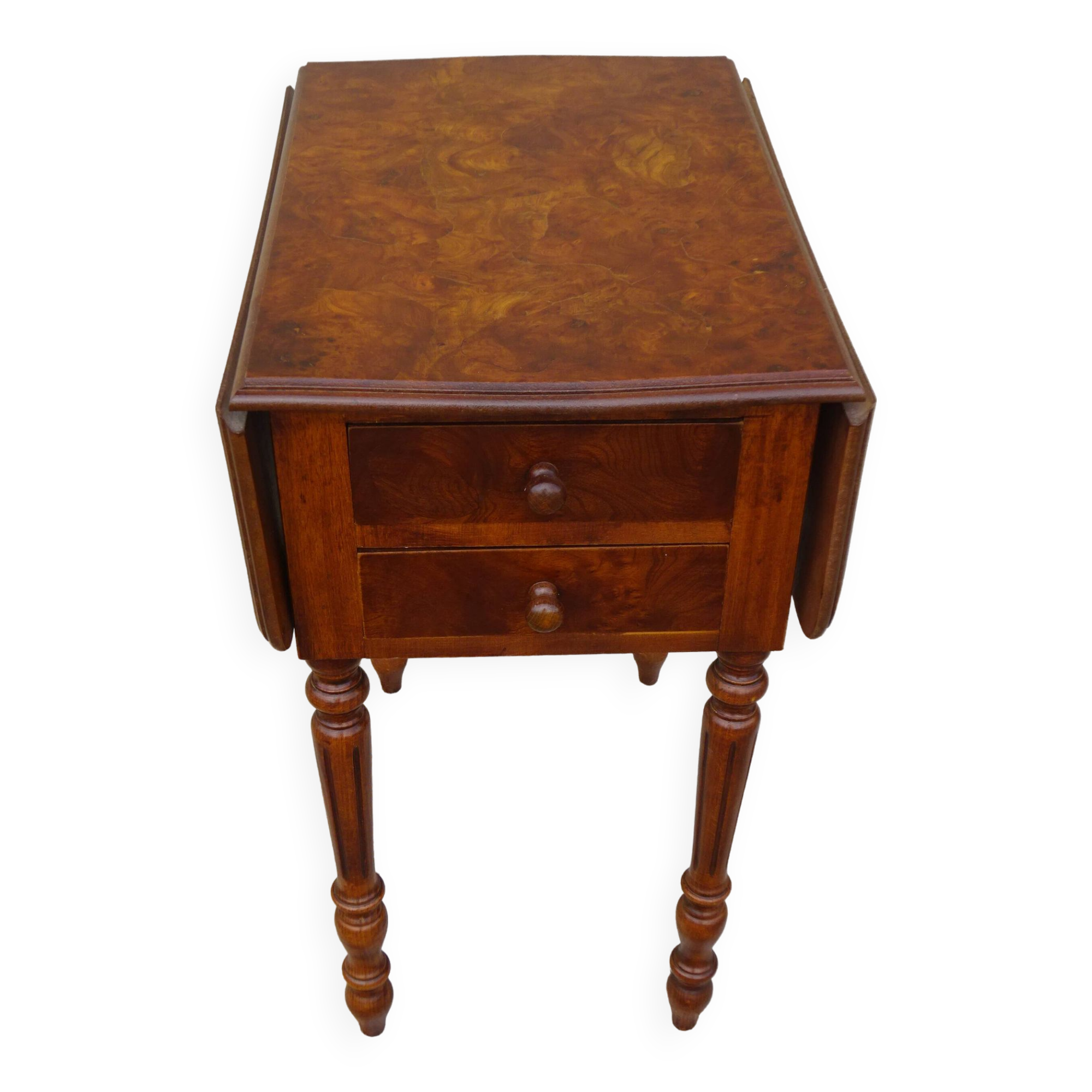Bedside table with large flap top in burl walnut