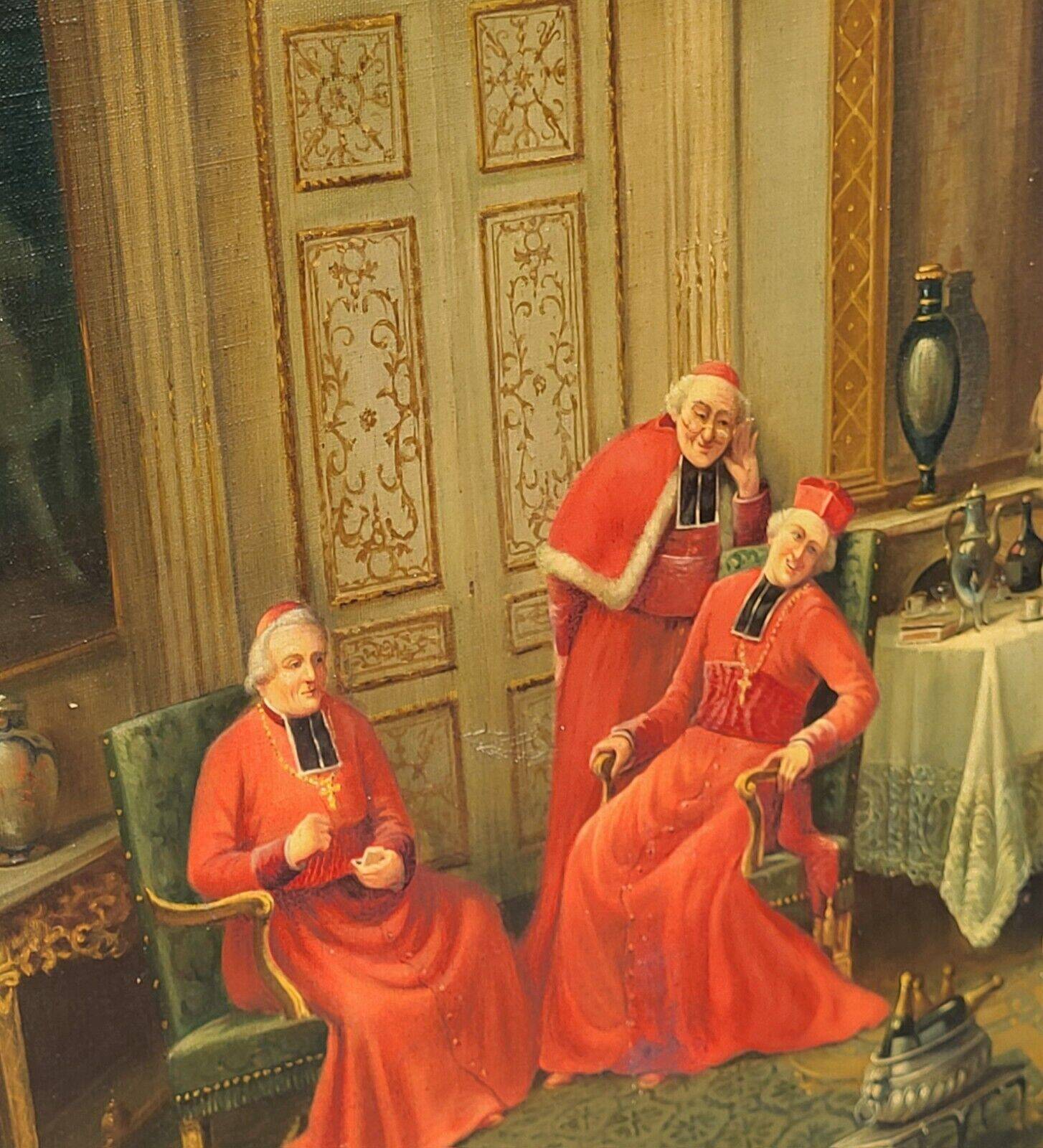 Signed Antique French Oil Painting – Cardinals in Luxurious Setting, 19th C