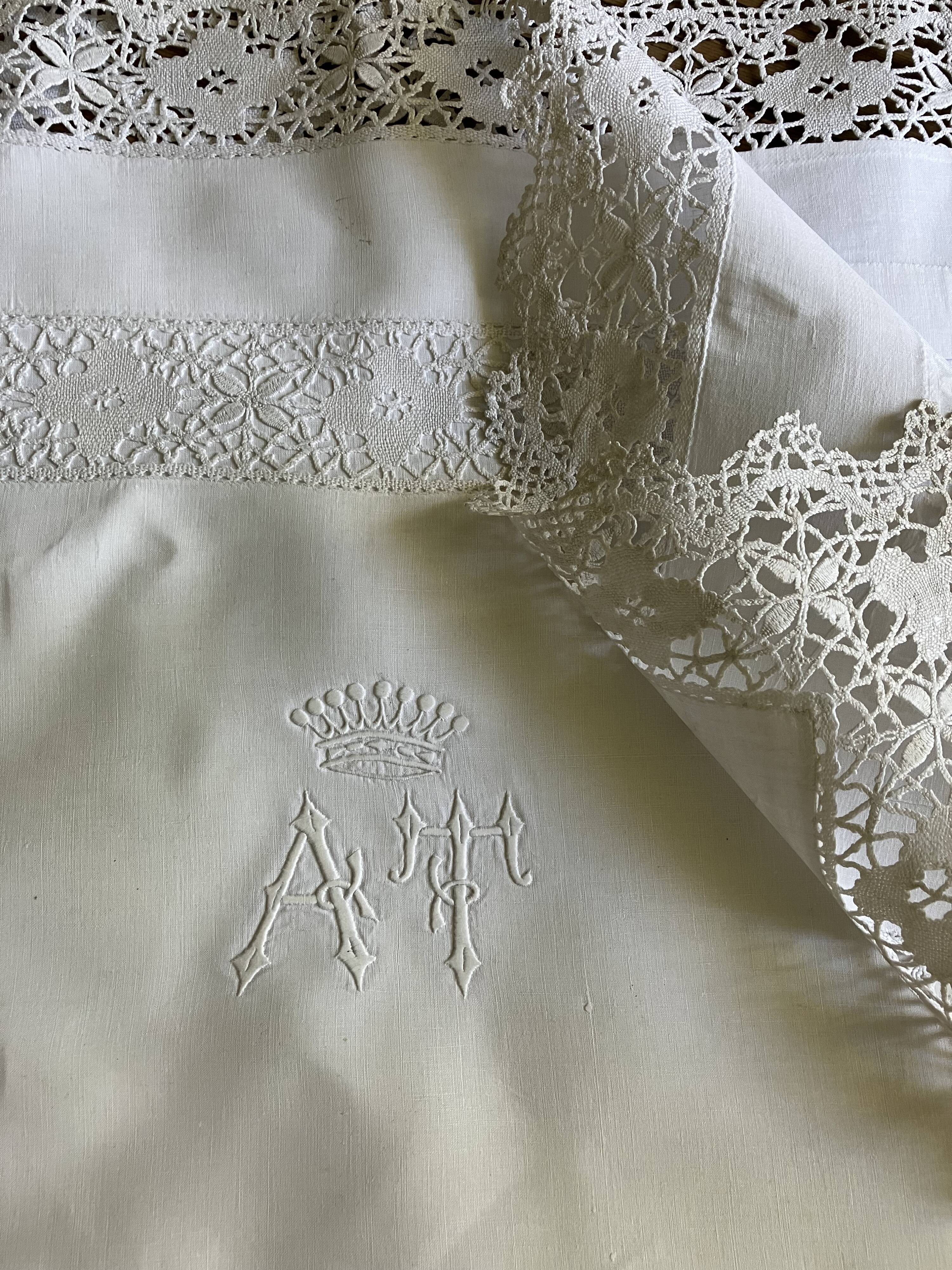 Old linen, pillowcase, AT monogram