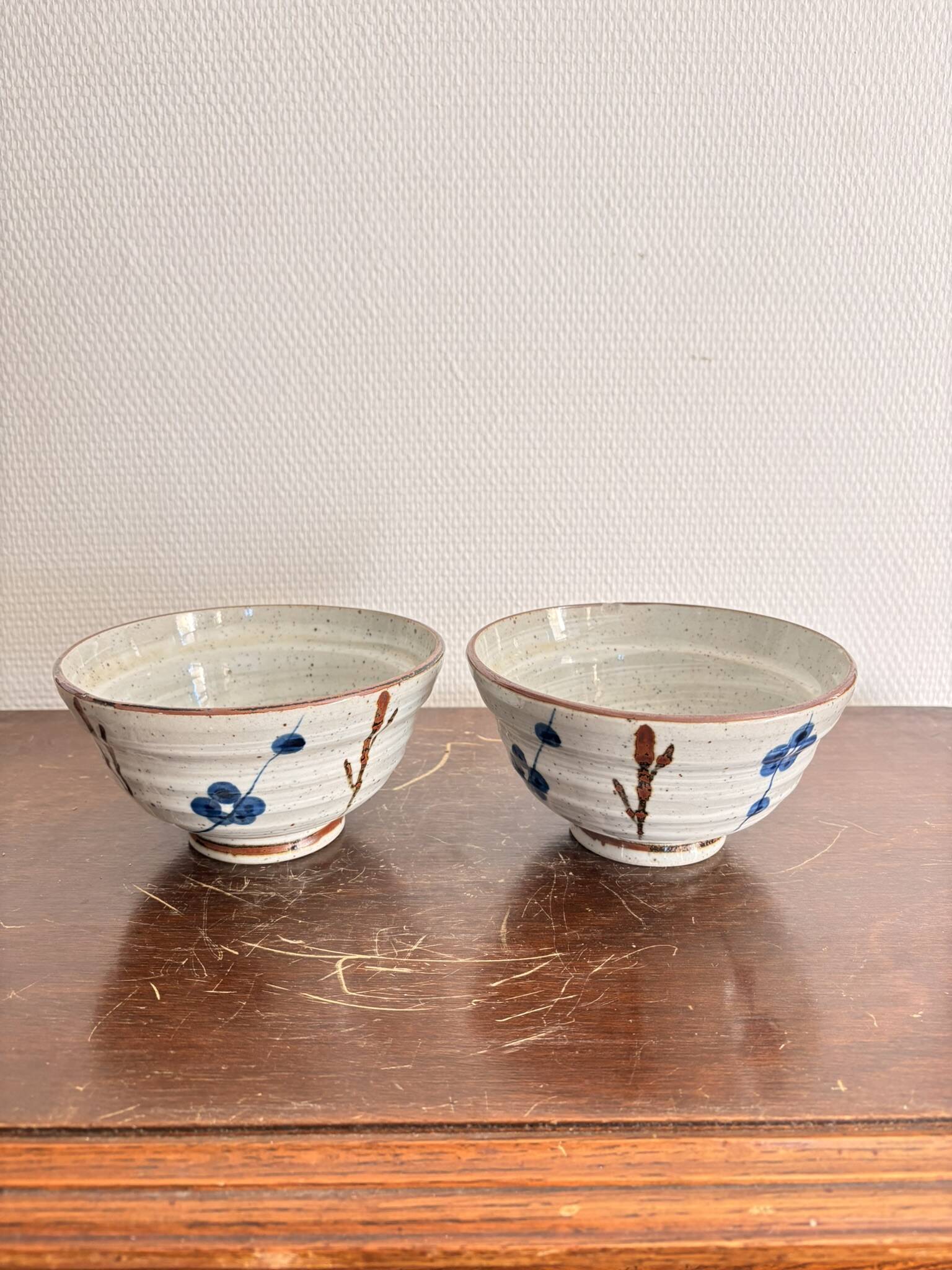 Lot 2 Tea Bowls Rice Stoneware Glazed Chawan Plum Blossom Chinese Japanese