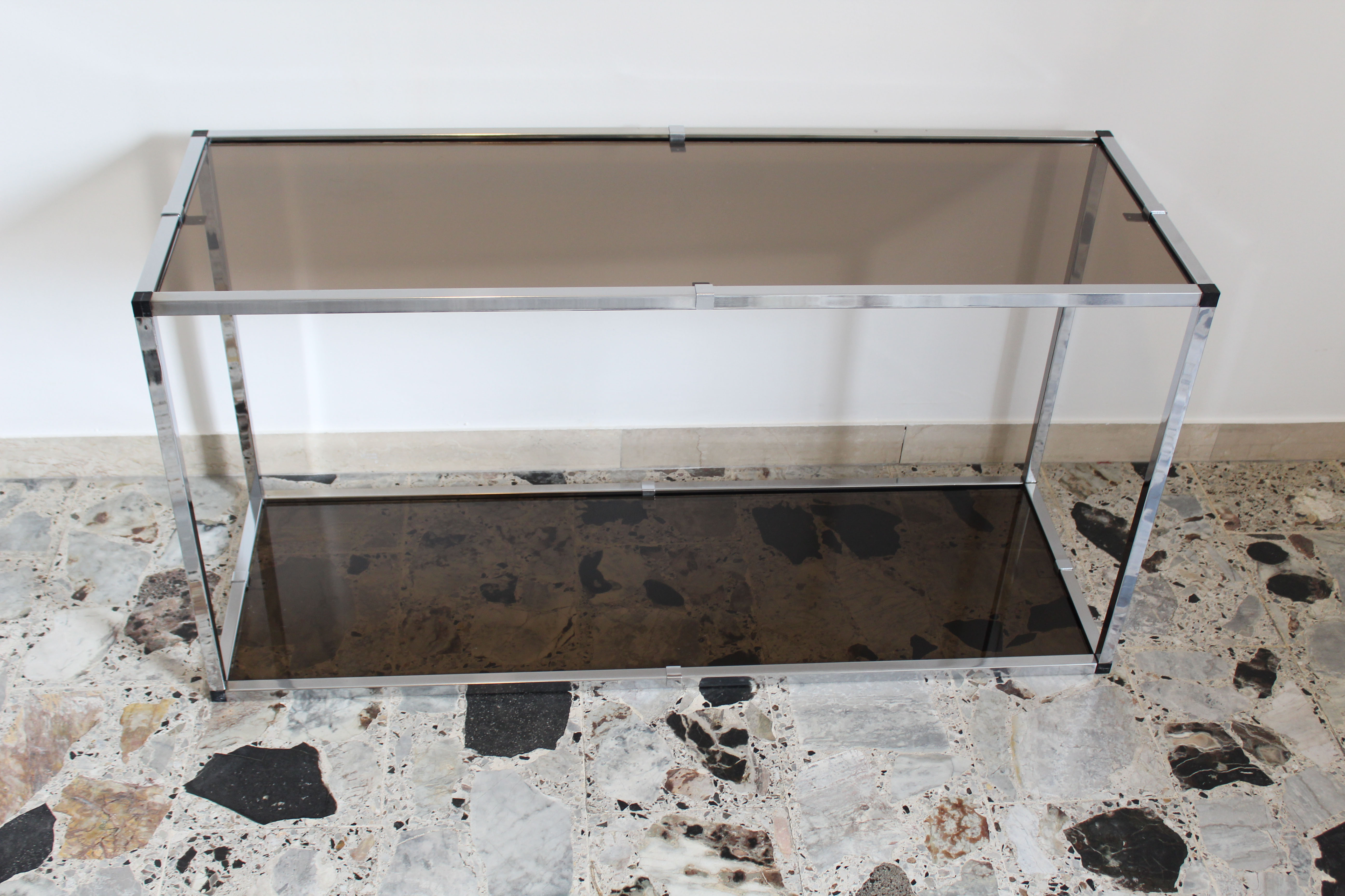 Console in chromed metal and smoked glass, Italy 70's