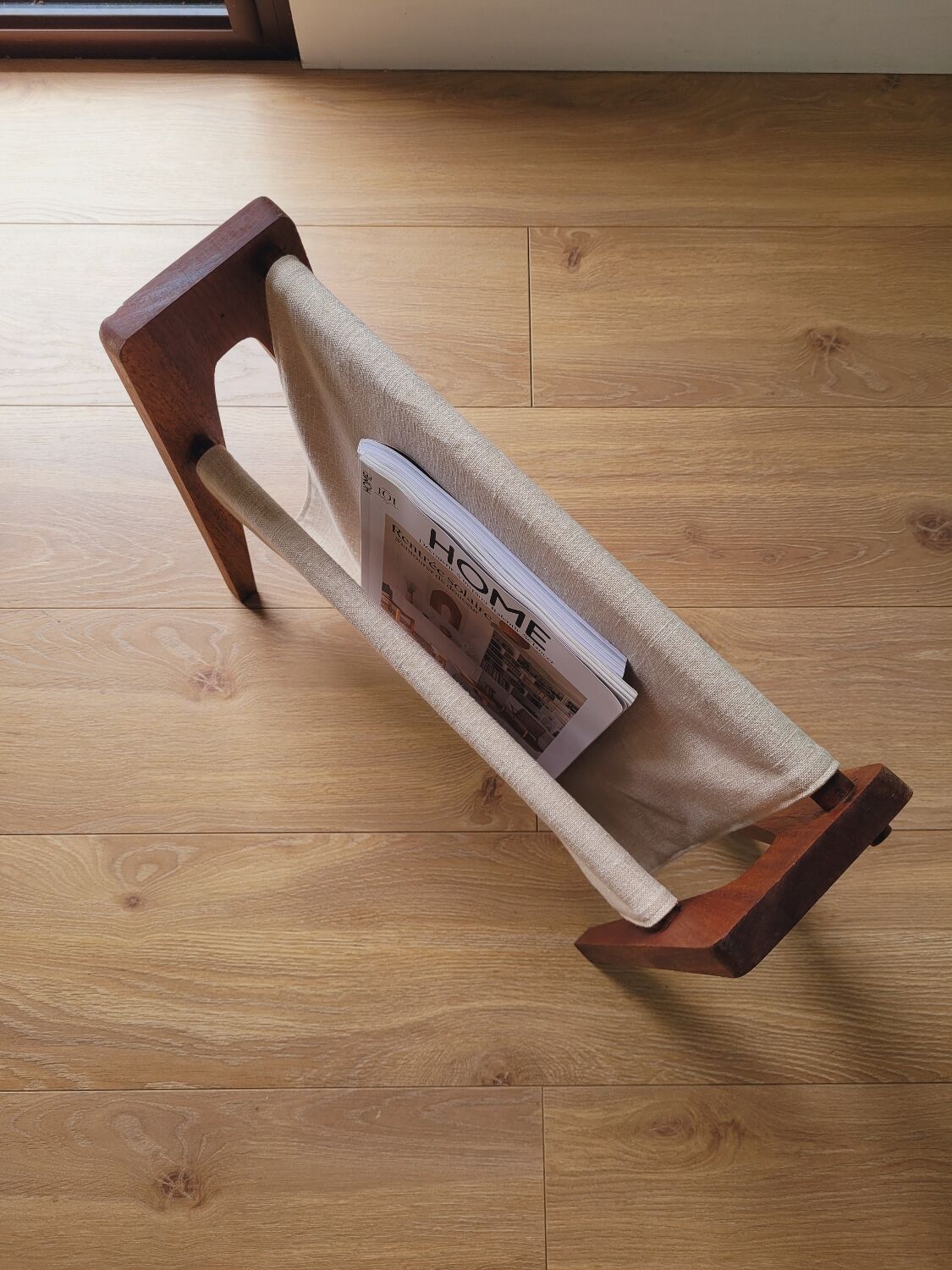 Scandinavian magazine rack exotic wood and linen