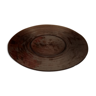 Round flared dish in ribbed brown glass