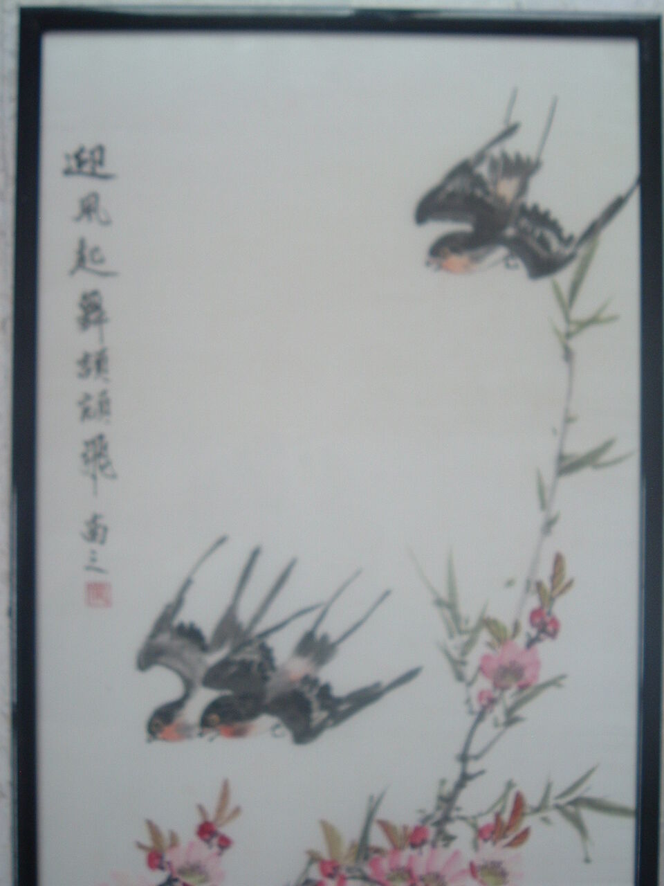 Framed chinese painting on silk, swallows flying on cherry blossoms, south china xx°