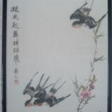 Framed chinese painting on silk, swallows flying on cherry blossoms, south china xx°