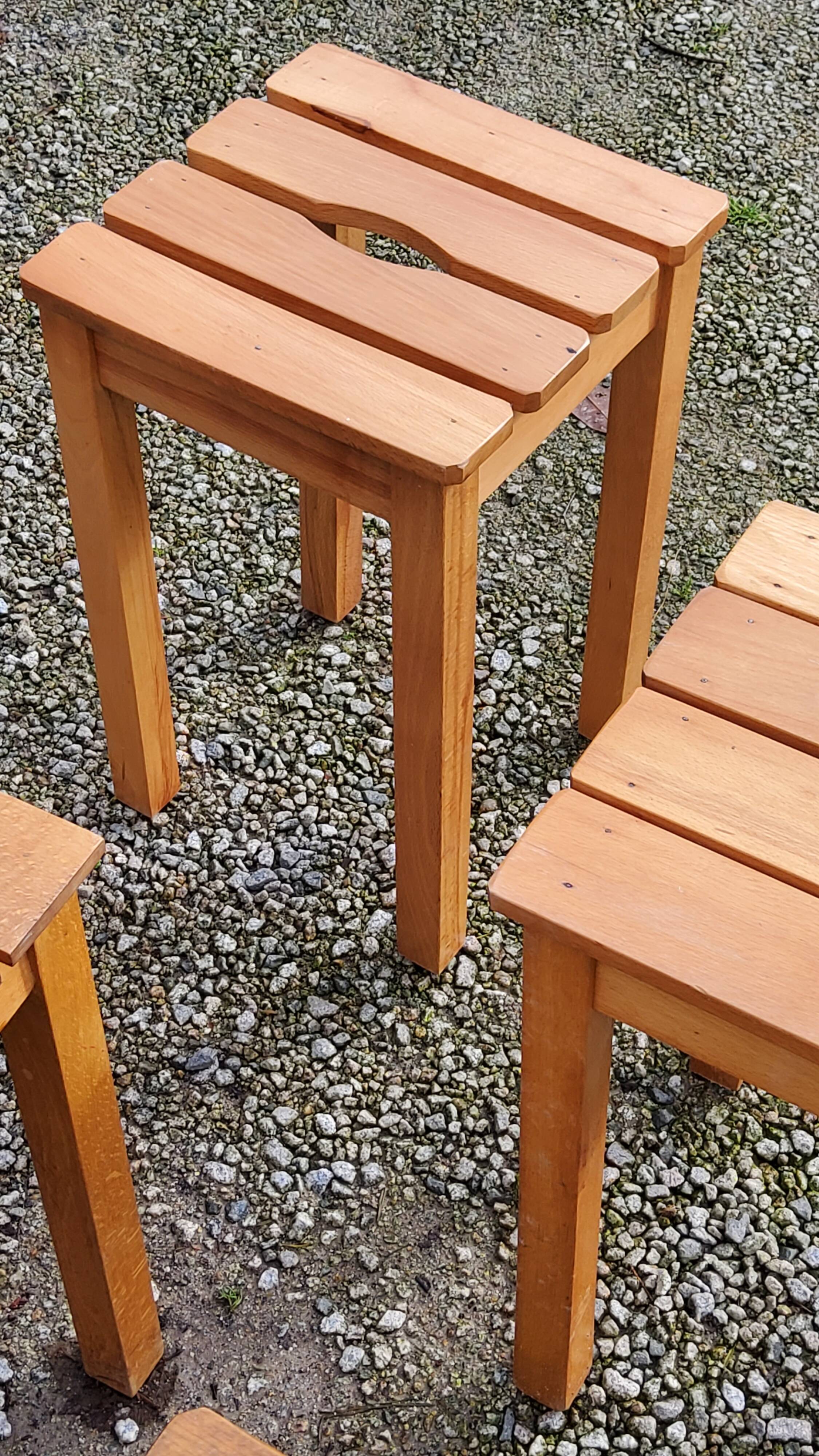 Set of 4 vintage stools in solid beech with slats