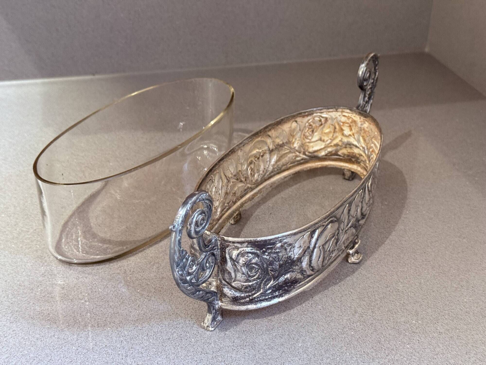 Antique Silver Cup Rose Silver & Crystal Jardiniere Decorative Bowl Cup