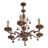 Vintage Boho six arm chandelier in ceramic and gilt brass