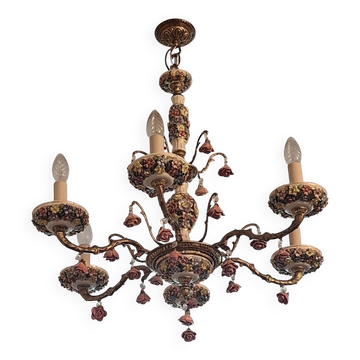 Vintage Boho six arm chandelier in ceramic and gilt brass