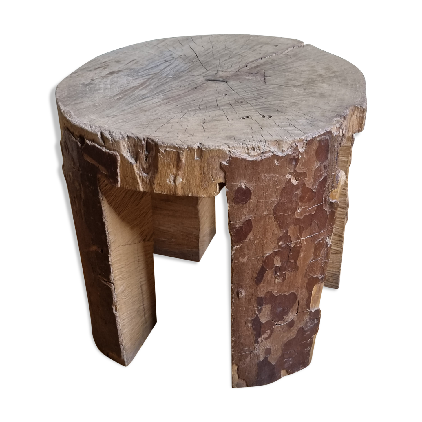 Brutalist solid wood coffee table carved from a room in a plane tree trunk