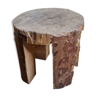 Brutalist solid wood coffee table carved from a room in a plane tree trunk