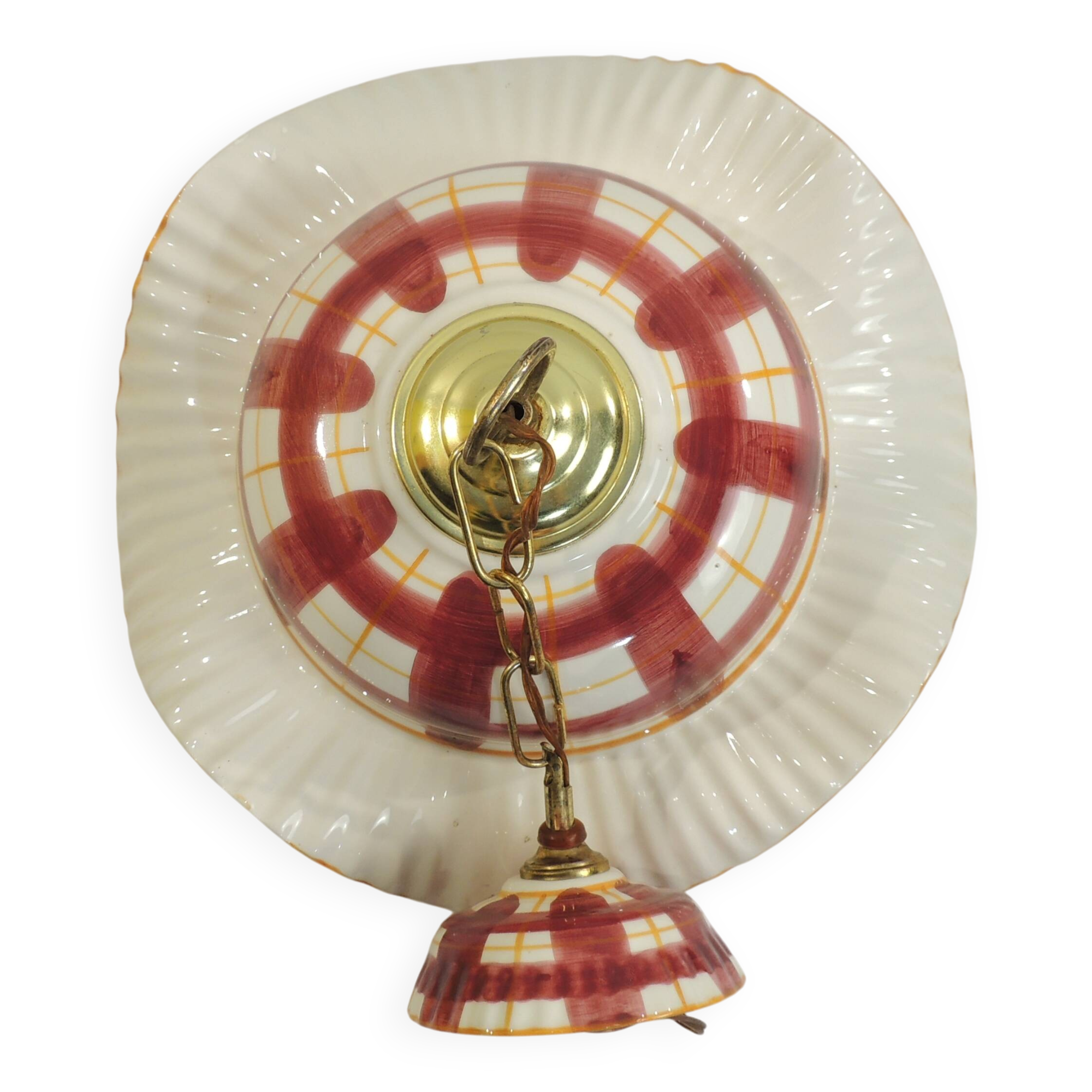 Vintage earthenware pendant light with a burgundy and ochre tartan pattern
