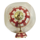 Vintage earthenware pendant light with a burgundy and ochre tartan pattern