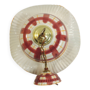 Vintage earthenware pendant light with a burgundy and ochre tartan pattern