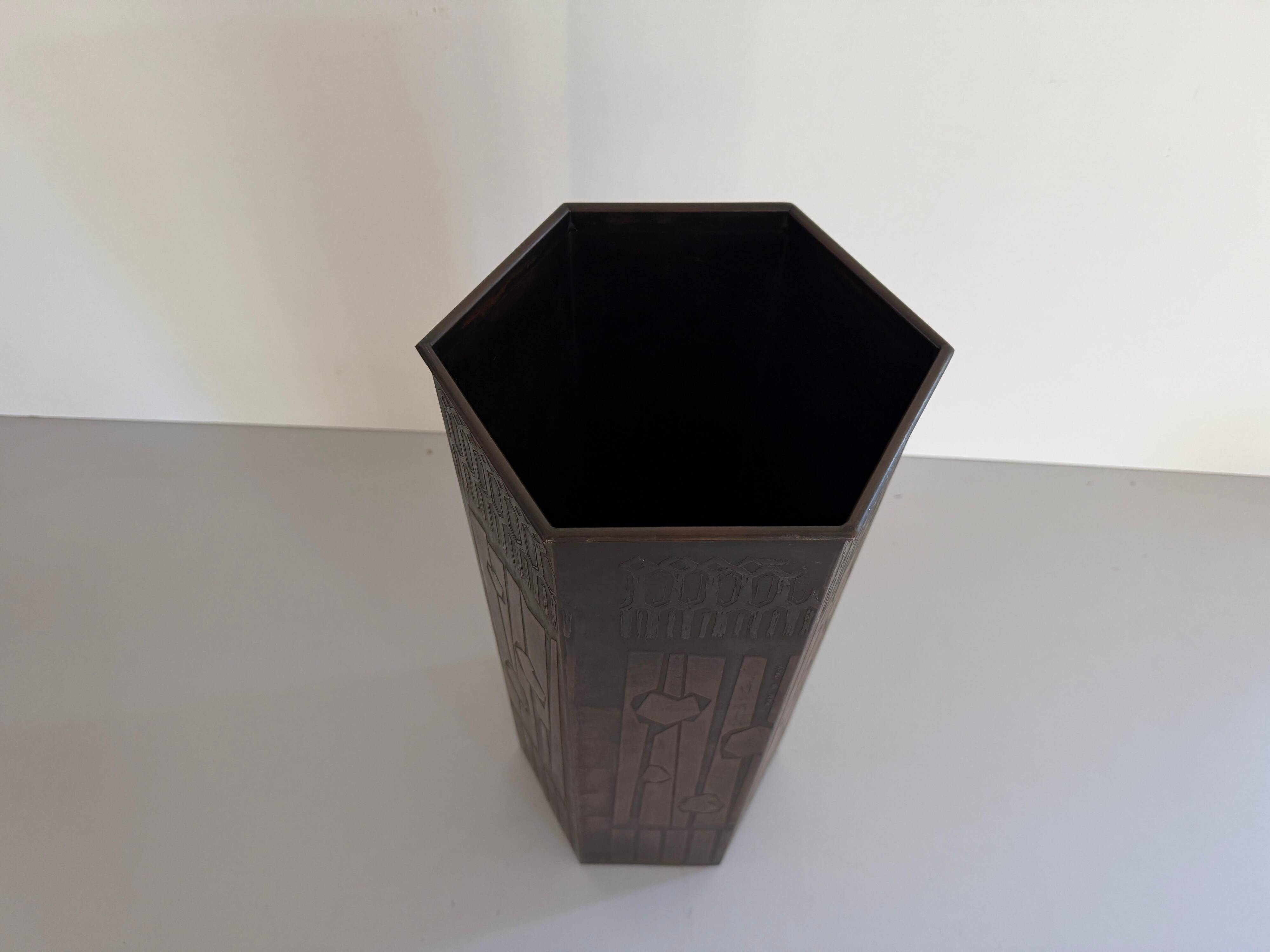 Hexagonal copper umbrella stand signed by the artist, 1960s, Italy.