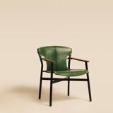 Maërl armchair, Galathée model, green leather, solid wood armrests of your choice