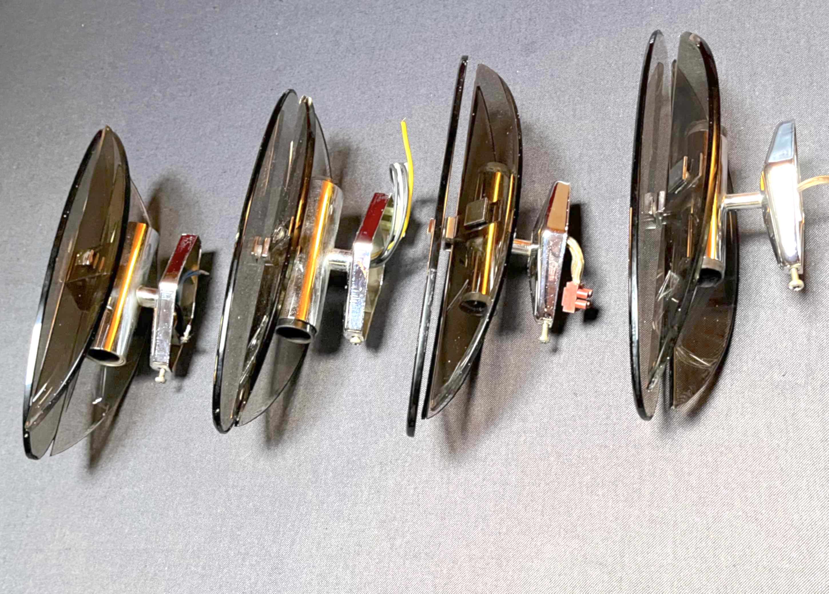 Four Veca wall lights, smoked glass, double light, Italy 1970's