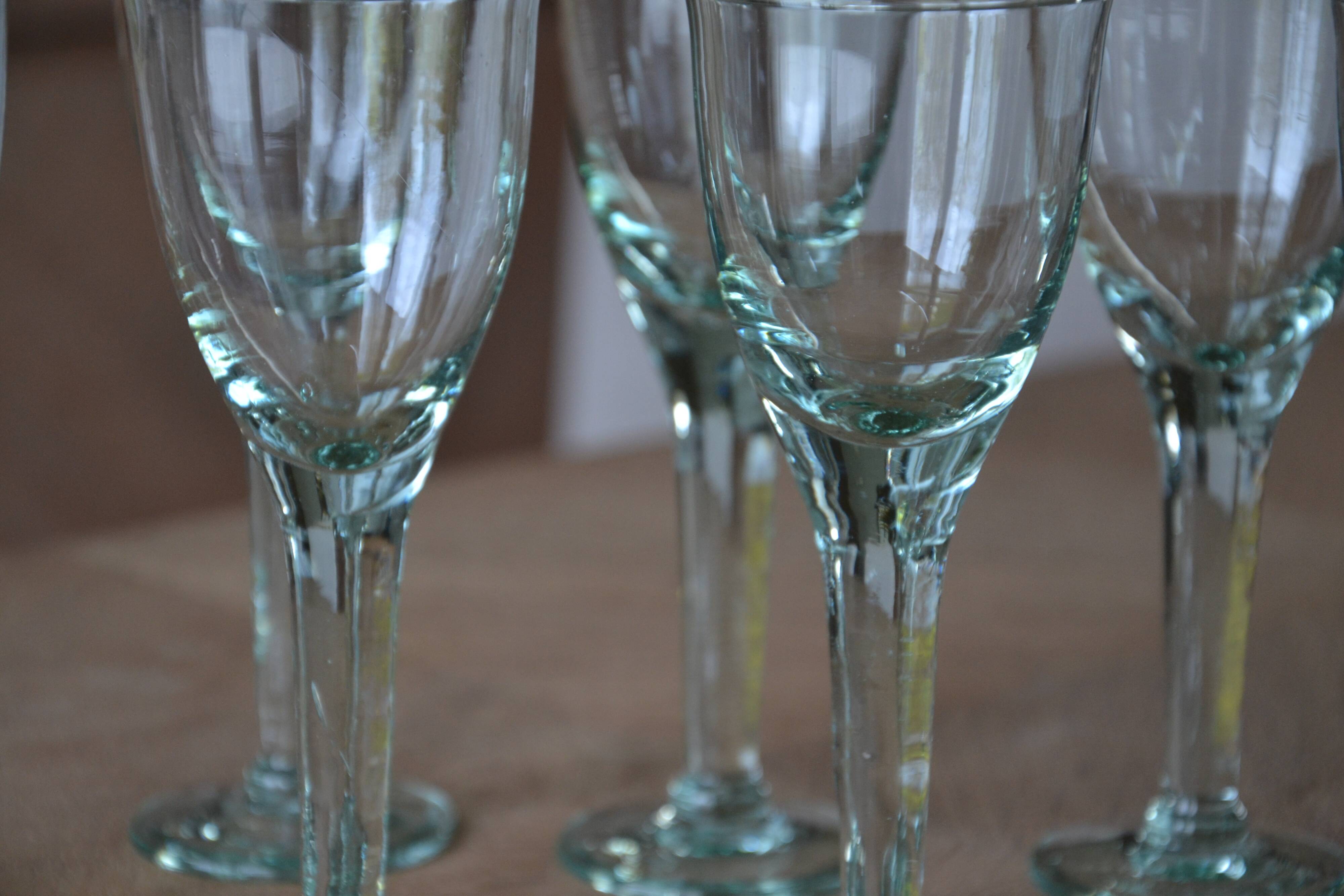 7 green blown glass bubble wine glasses