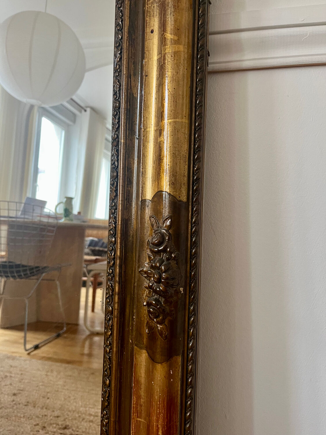 Large antique gilded wood mirror, 108cm x 118cm