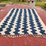 Large striped Berber rug 274x208 cm – Cream & blue wool – Graphic pattern