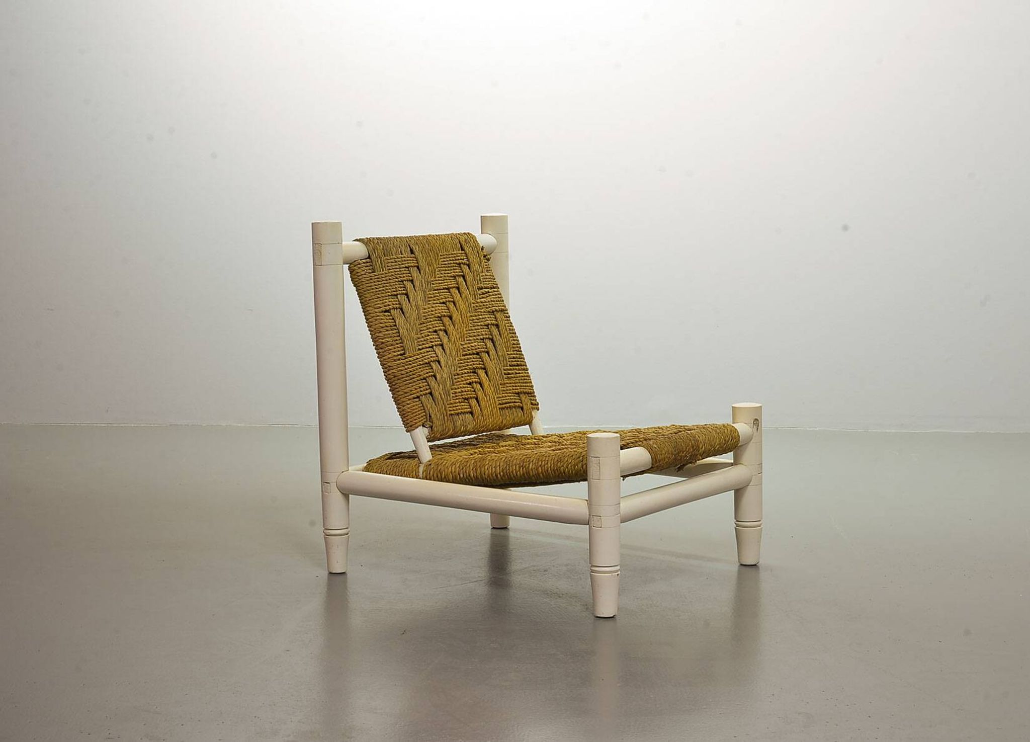 Charlotte Perriand Style Low Seat White Wicker Oak Lounge Chair and Stool