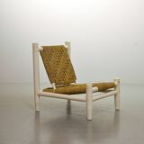 Charlotte Perriand Style Low Seat White Wicker Oak Lounge Chair and Stool