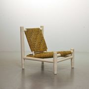 Charlotte Perriand Style Low Seat White Wicker Oak Lounge Chair and Stool