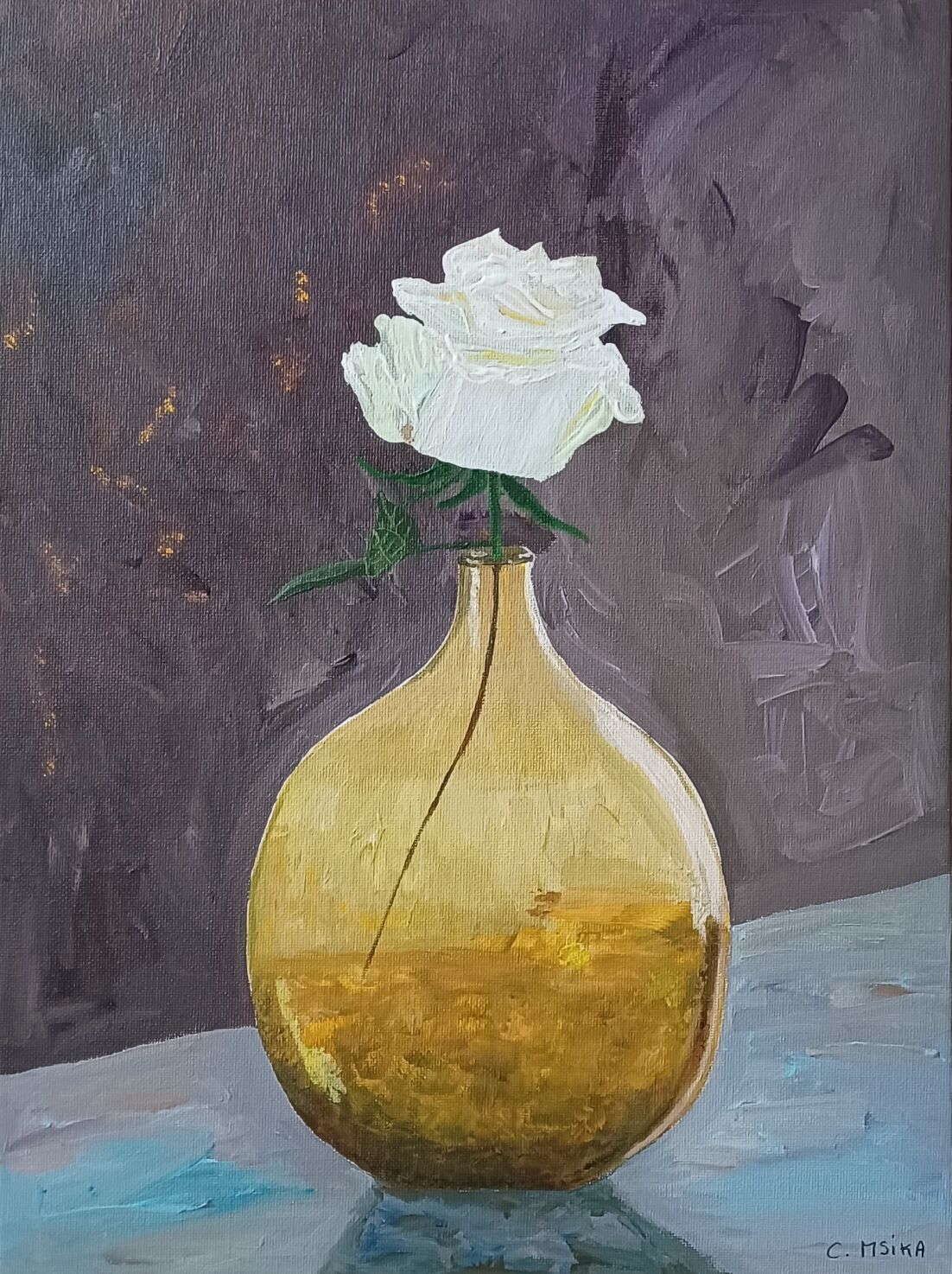Painting, White rose in translucent ocher vase