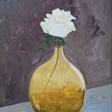 Tableau, Rose blanche au vase ocre translucide
