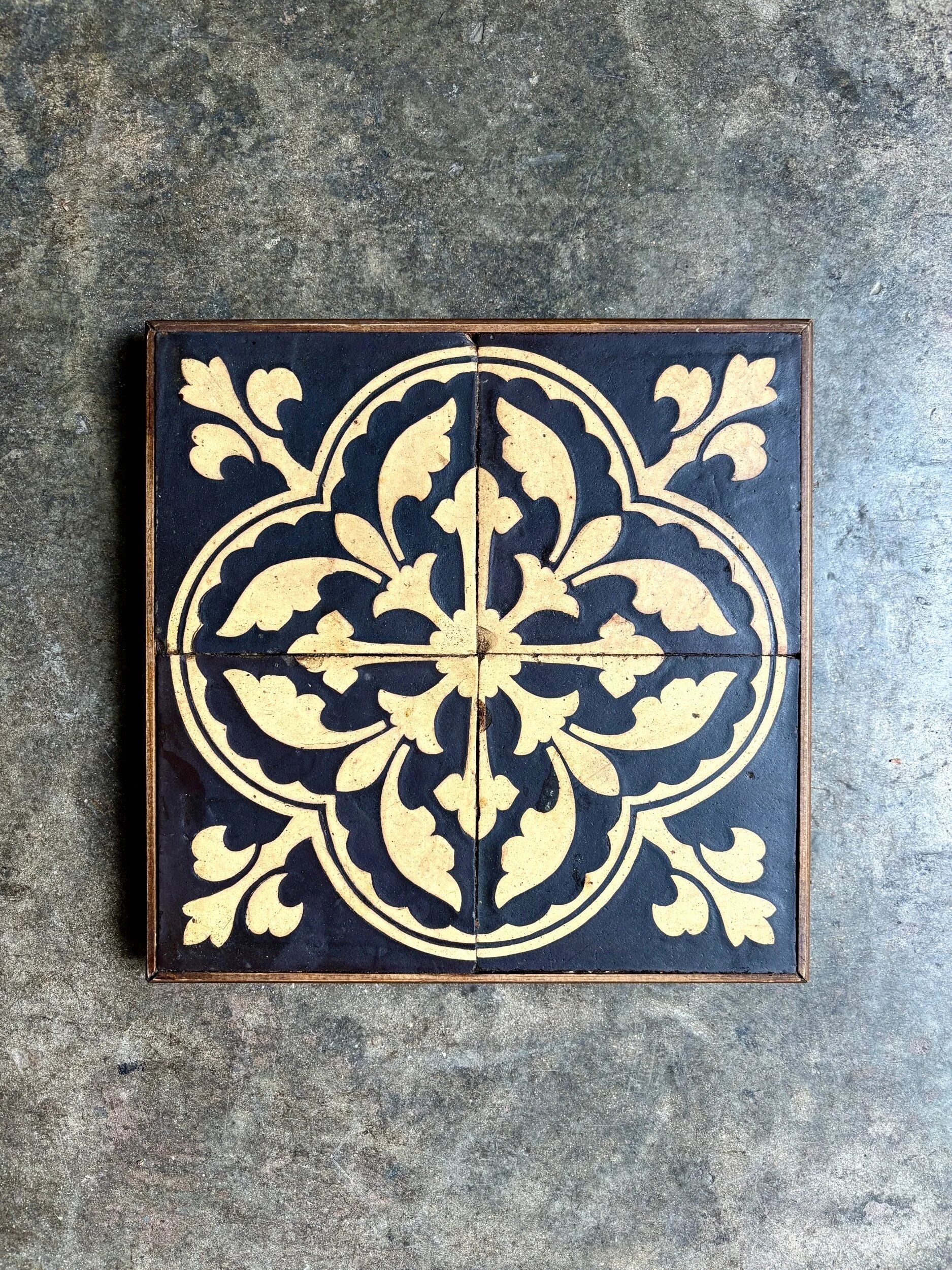 Wooden trivet and cement tiles, 1880