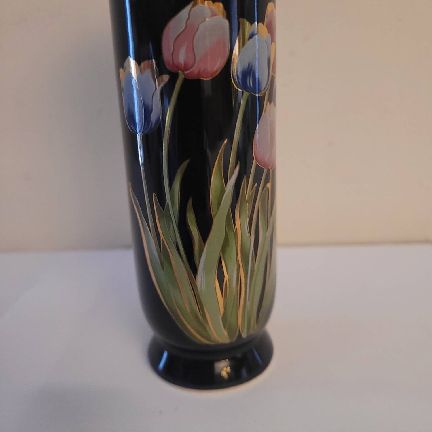 Black ceramic soliflore decorated with tulips - 1960s-1970s