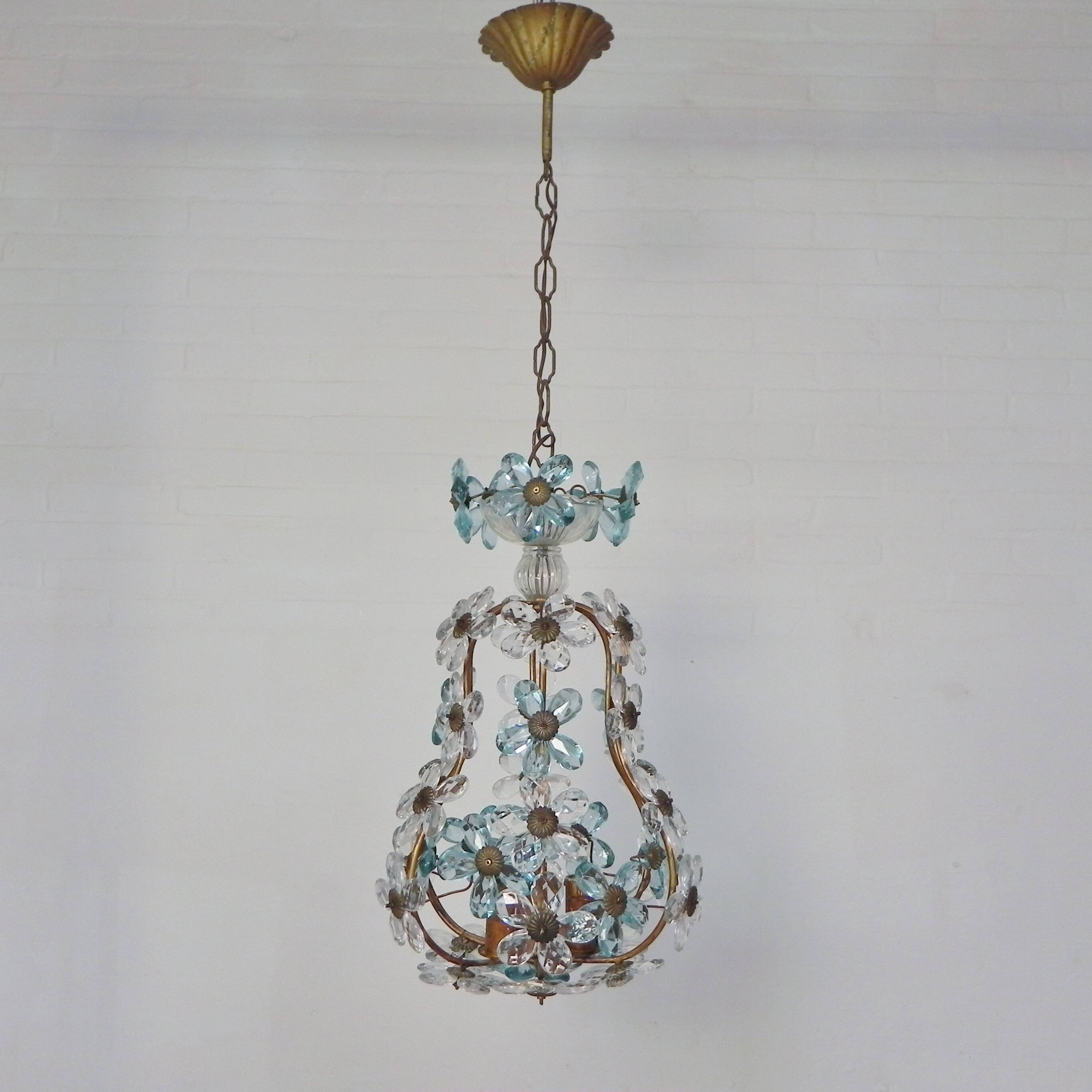 Suspension decorated with 42 blue and clear crystal flowers, Maison Baguès style, 1930s.