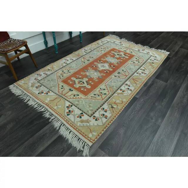 1970s Vintage Turkish Handmade Wool & Cotton Orange Area Rug 156x253