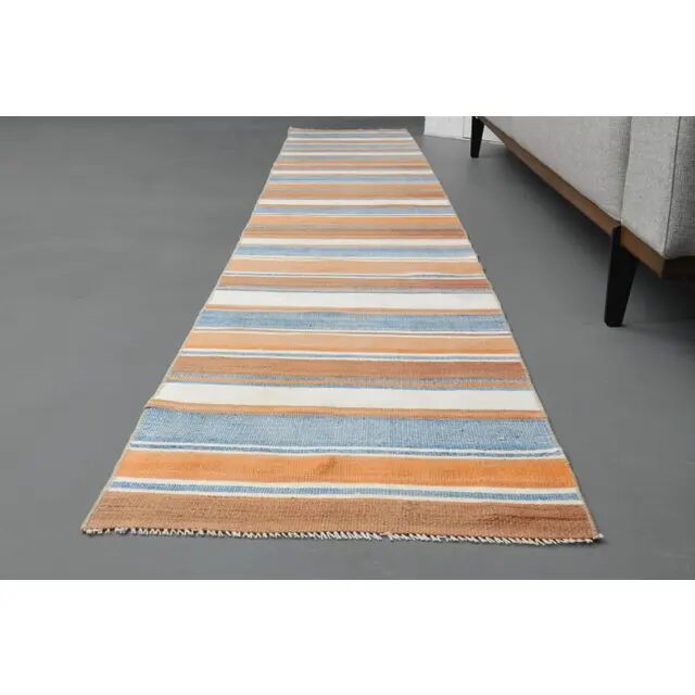 Vintage Turkish Hand-Knotted Wool Cotton Orange Runner Rug 55x319