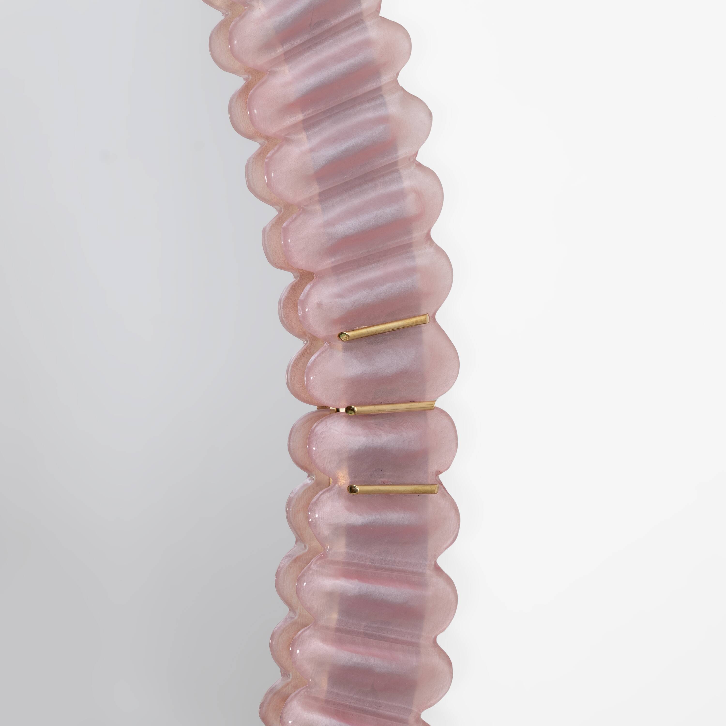 Italian oval mirror in brass and pink blown Murano glass
