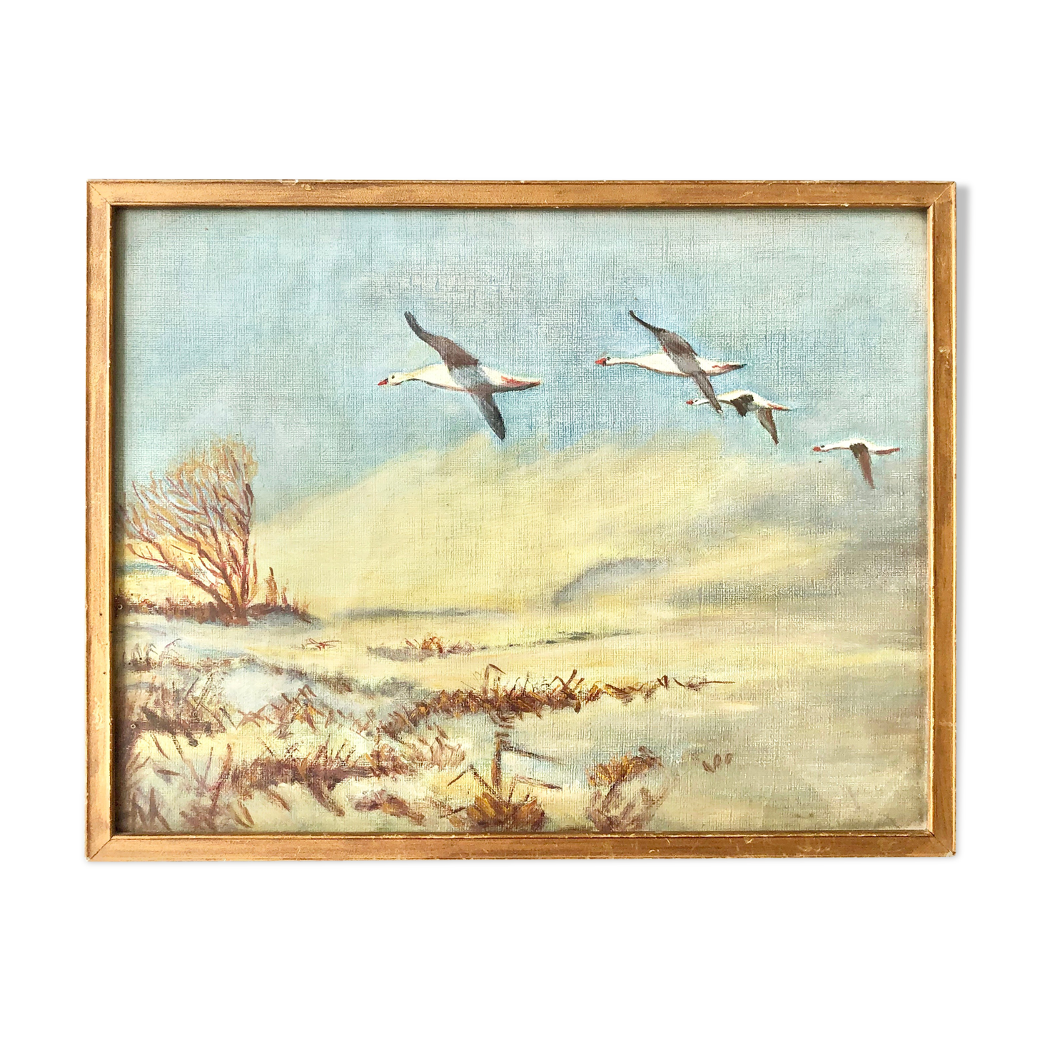Nice vintage painting depicting a flight of wild geese in a landscape