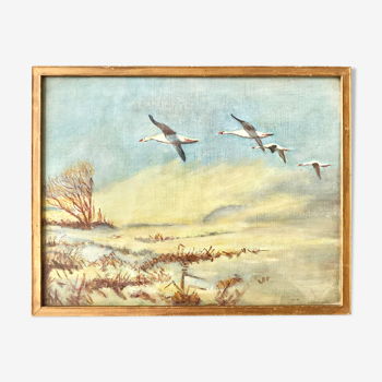 Nice vintage painting depicting a flight of wild geese in a landscape