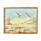 Nice vintage painting depicting a flight of wild geese in a landscape