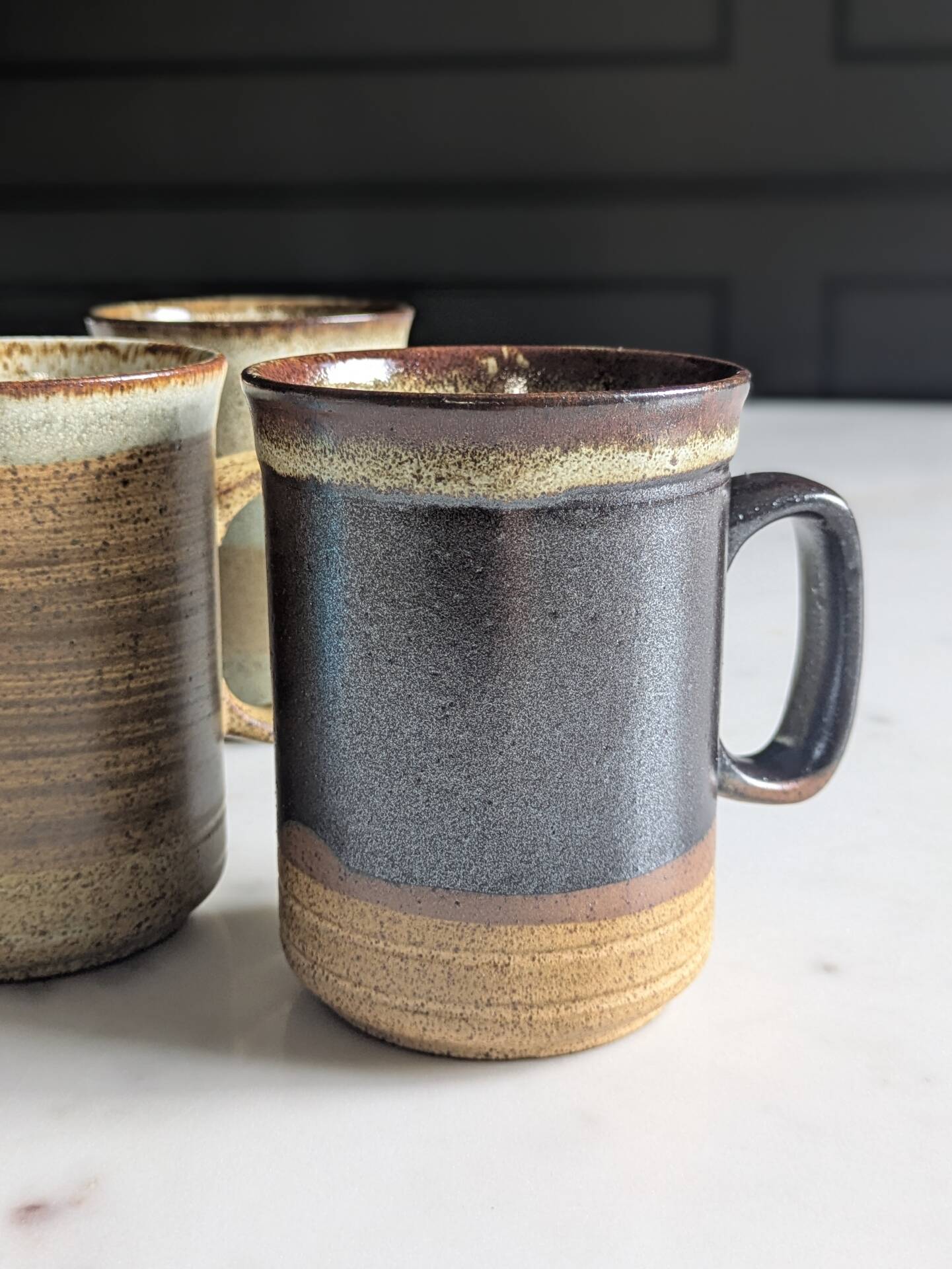 Set of brutalist mugs ''Buchan ceramics Scotland'' from the 1970s.