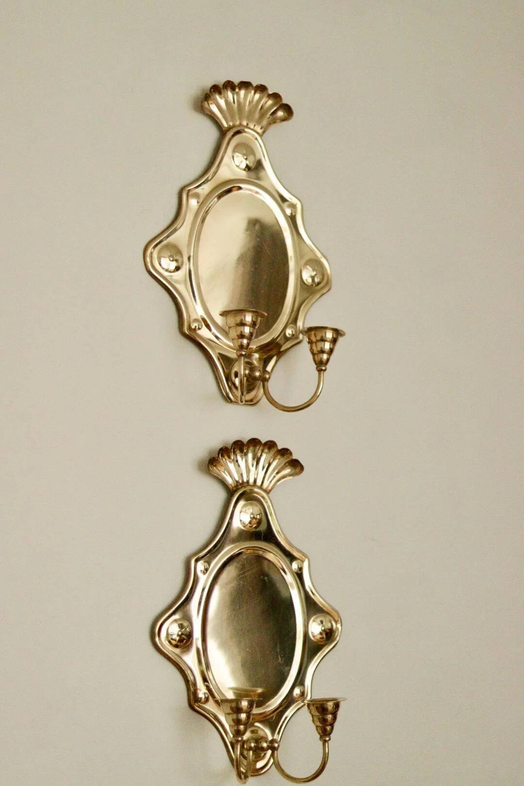 Large Swedish brass wall sconces in mid-century baroque style.