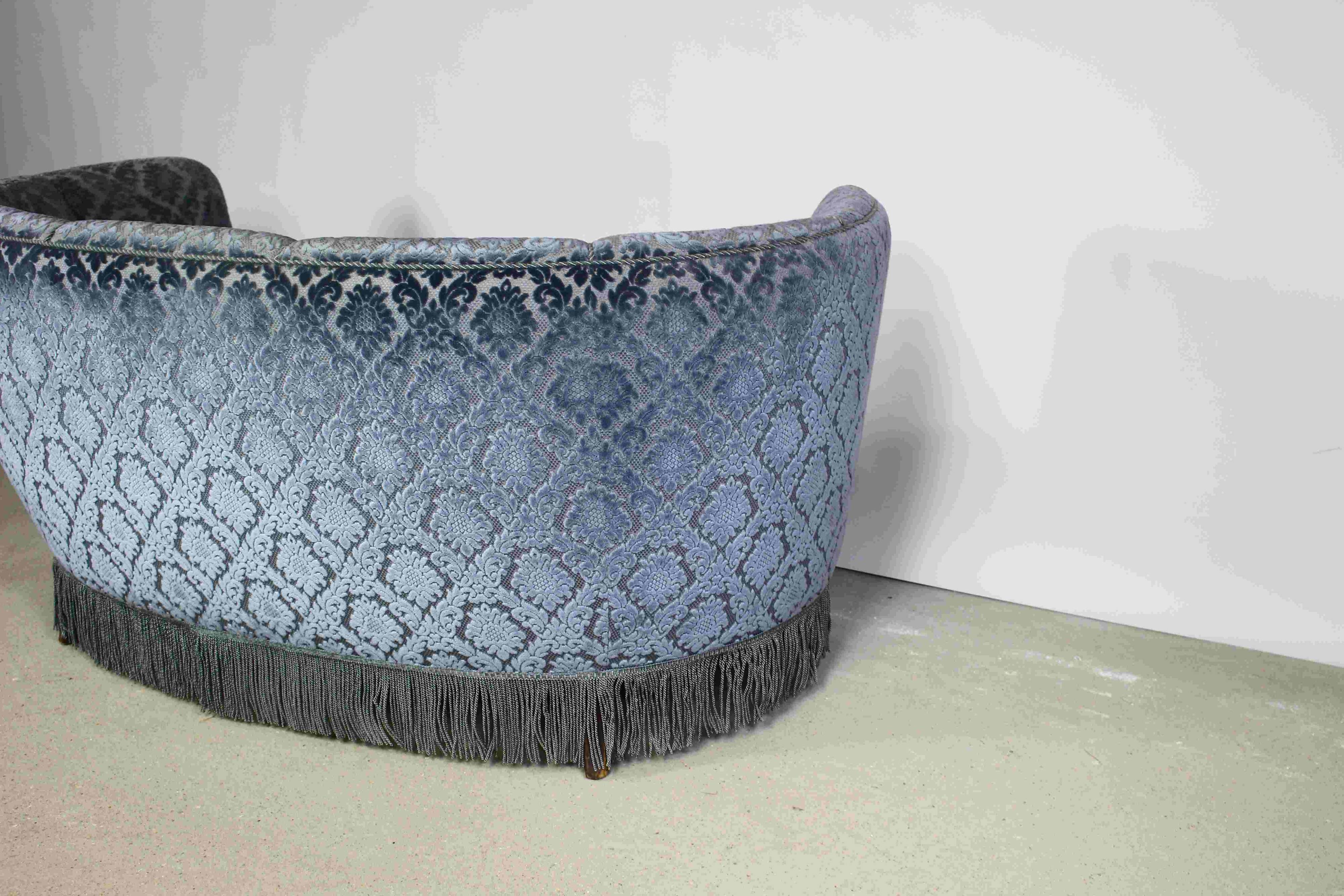 Art deco blue velvet banana sofa, denmark 1950s