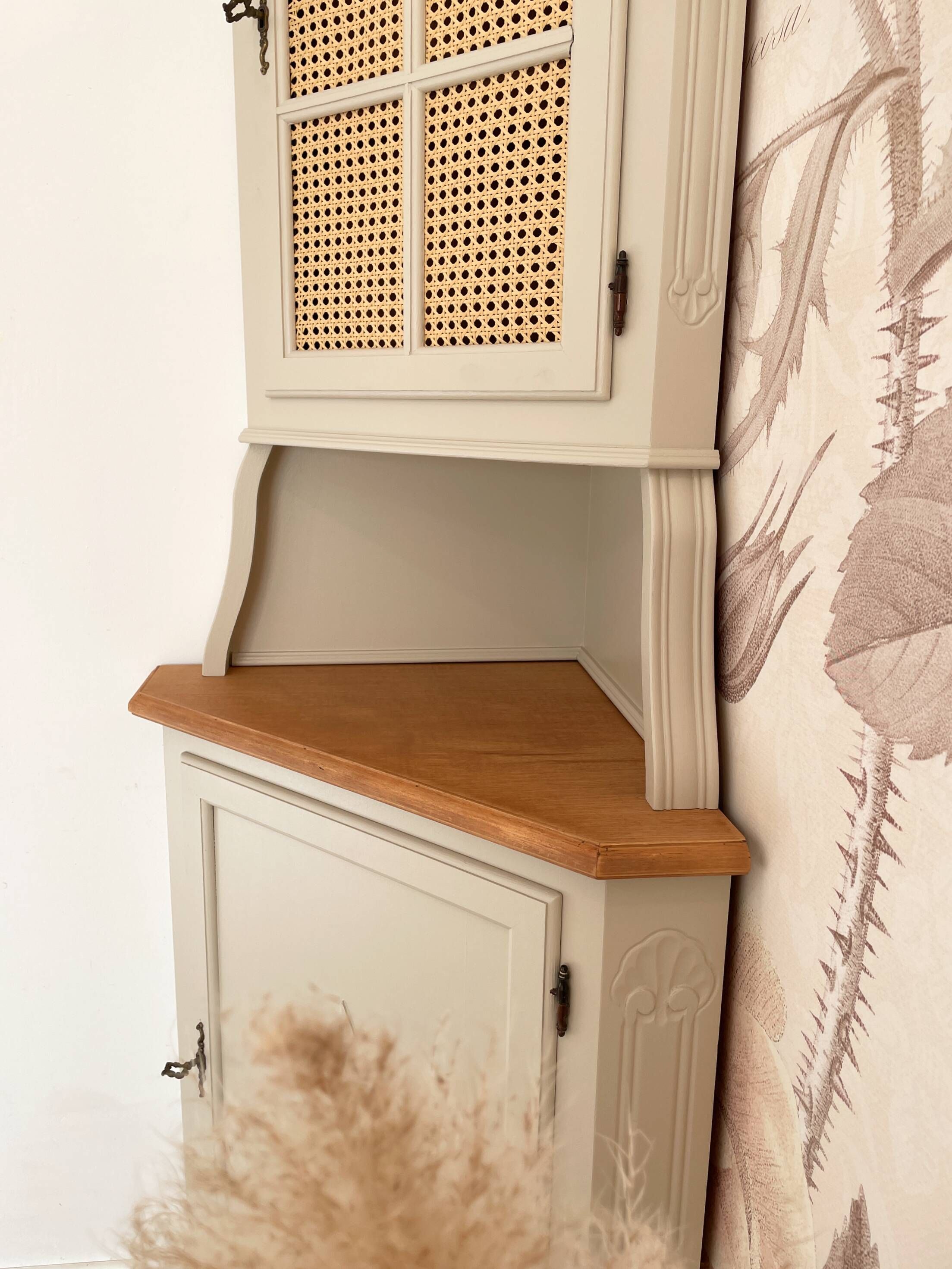 Corner unit in 2 parts, grey/beige and cane work.