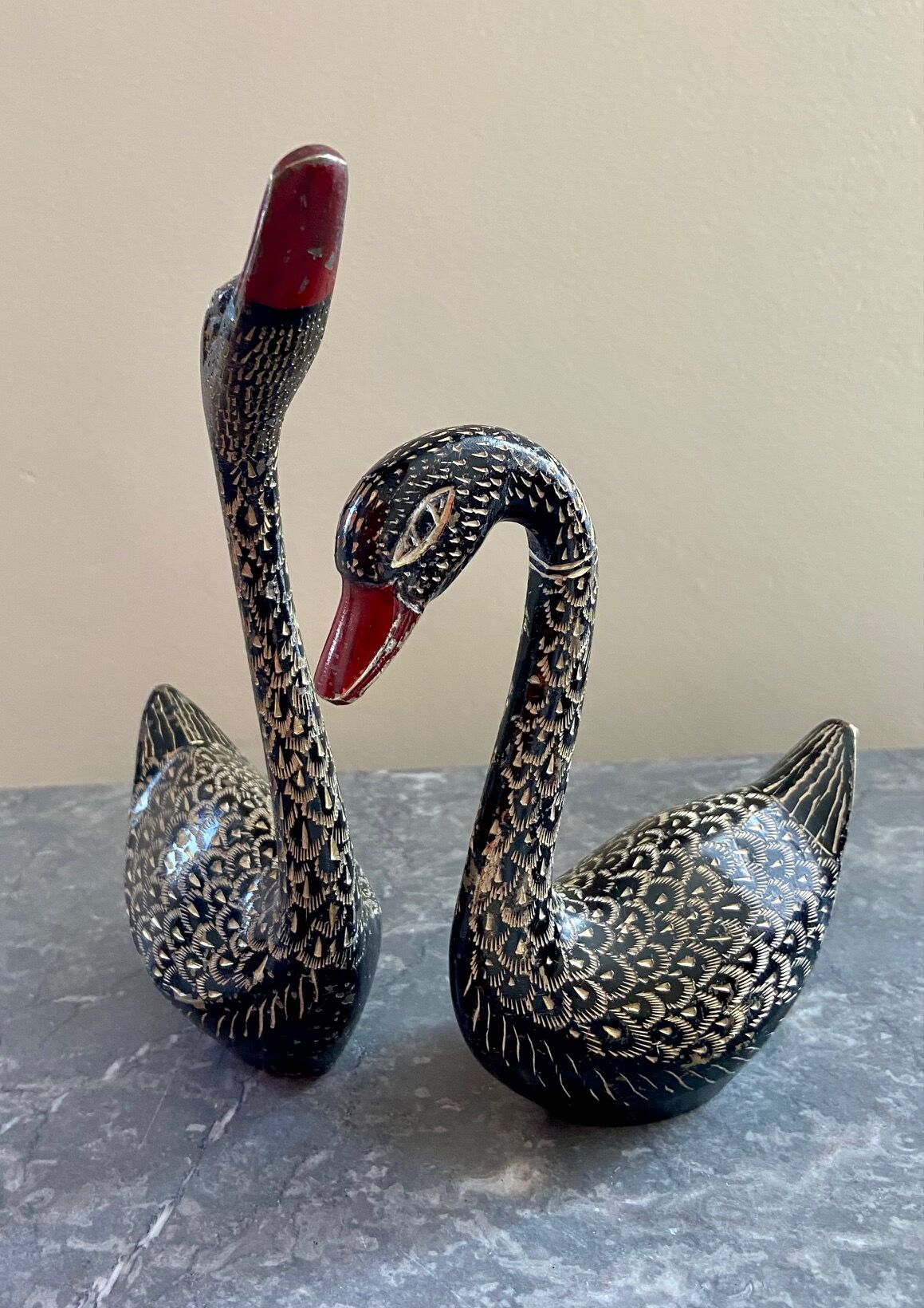 Pair brass swans