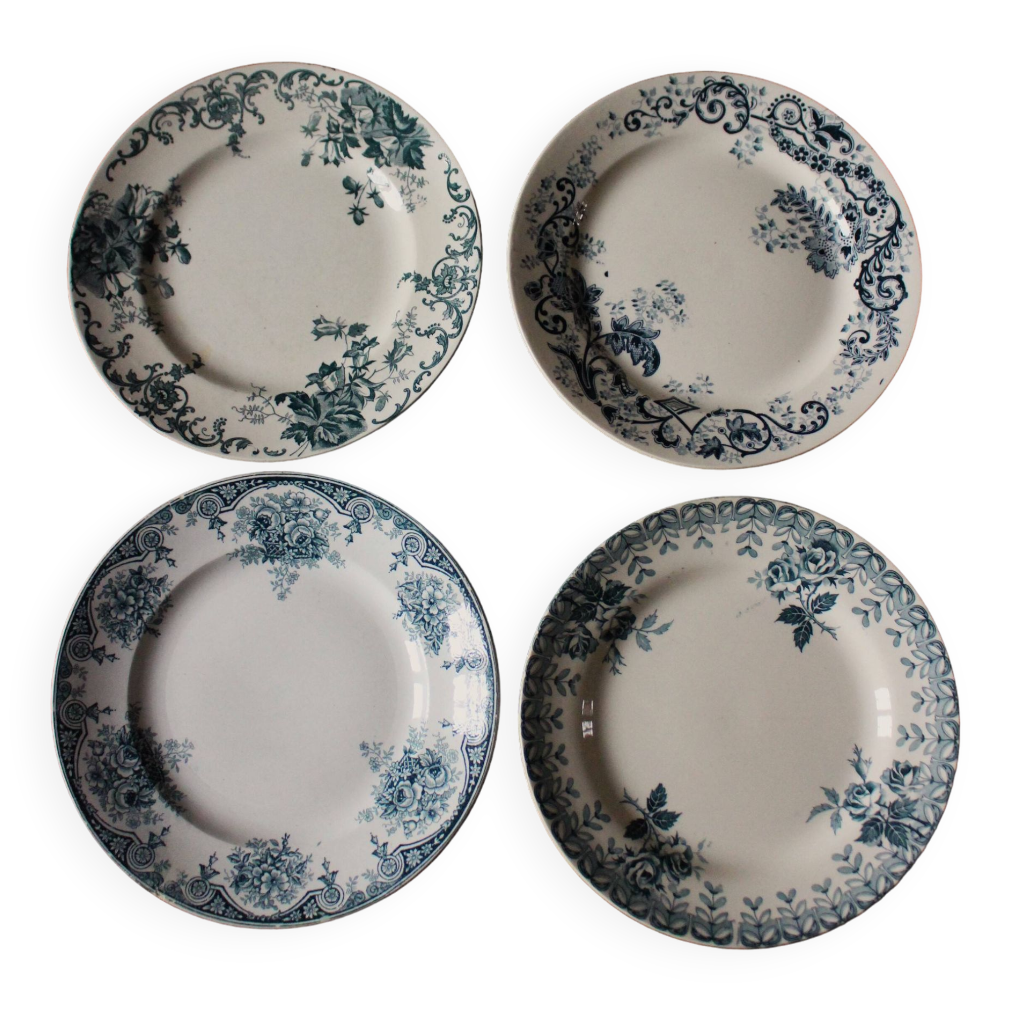 A set of 4 flat plates Terre de fer mismatched blue