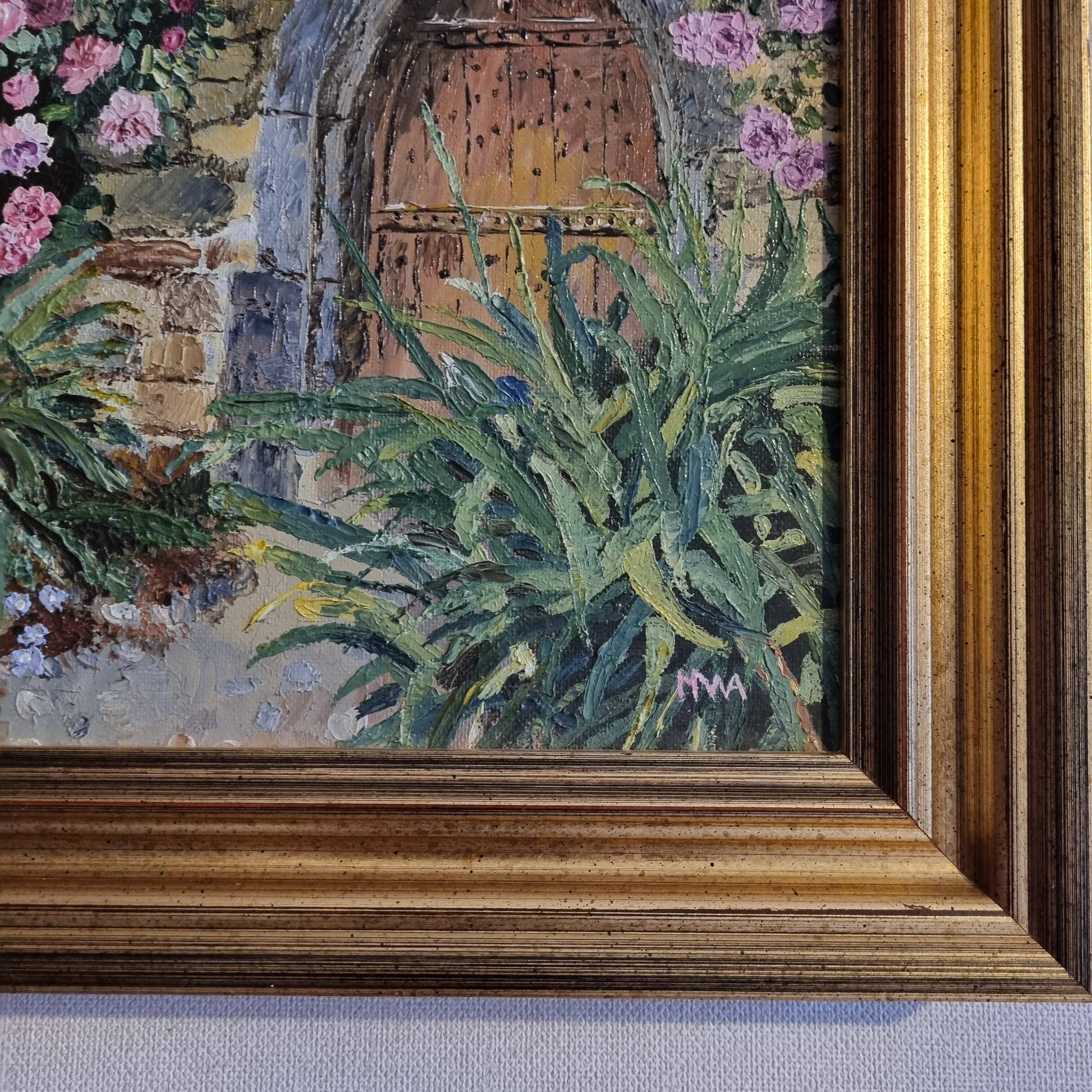 Oil on canvas signed flowered house golden frame