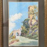 Tableau aquarelle 1930 signée paysage ruine et chemin avec le cadre‌