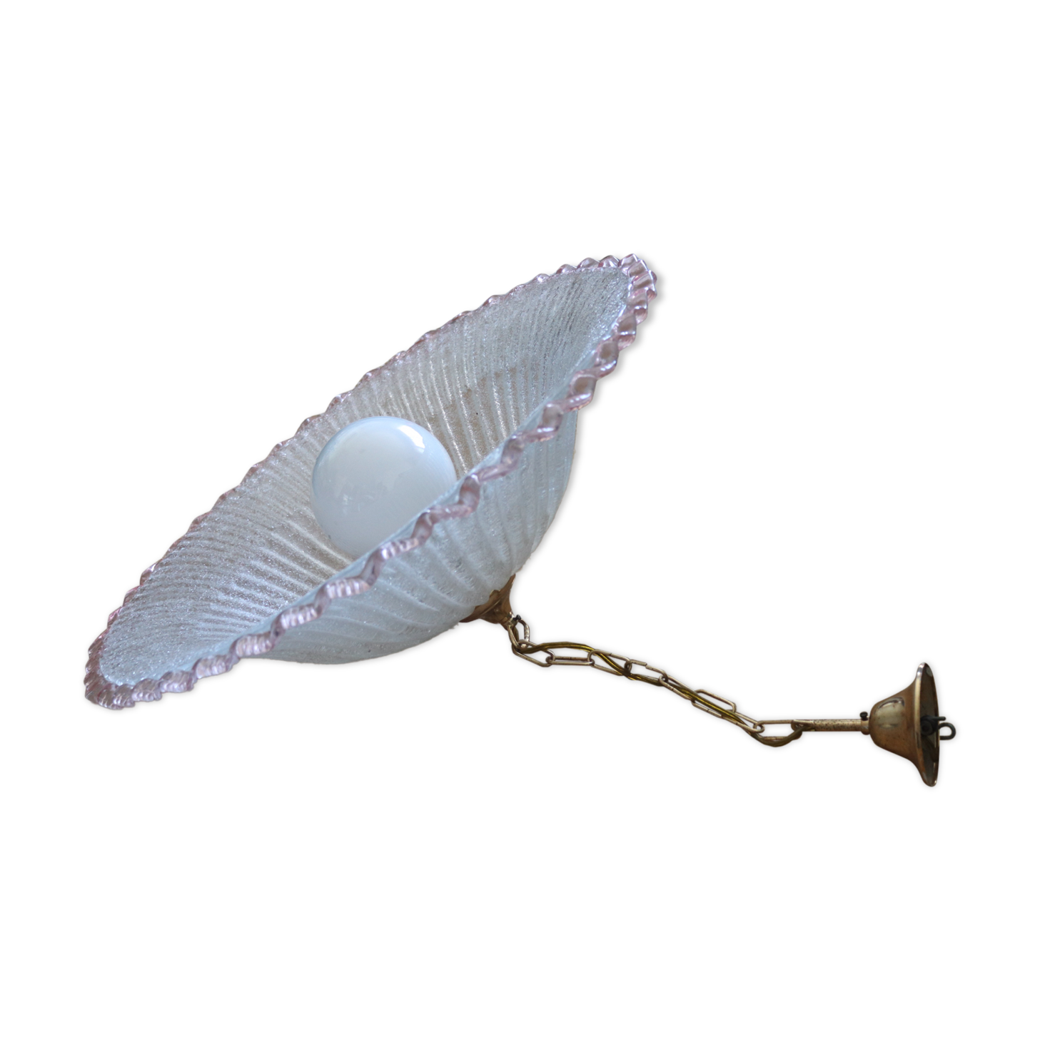 Large vintage Murano suspension in textured glass with a pink edge.