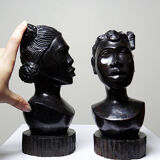 Couple of Malagasy busts in dark exotic wood, carved, craftsmanship from the 1940s to 1970s.